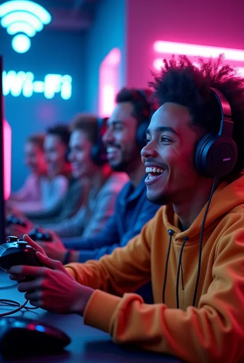 WI-FI internet advertisement happy people playing video games 