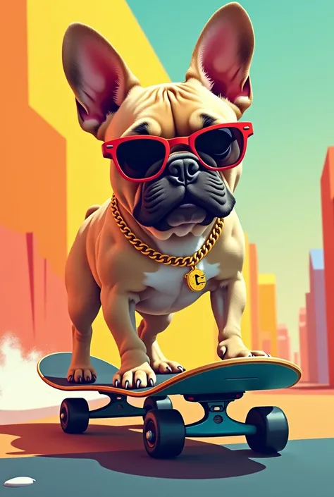 French bulldog with a gold chain around his neck, skateboarding , in sunglasses, illustration, vector, flat style, high quality, bright colors