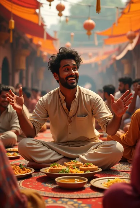 Young man talking while eating in bhandara 