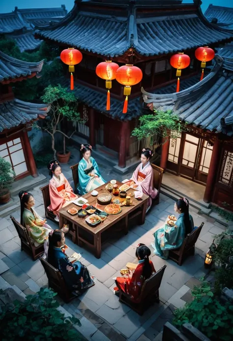 multiple chinese hanfu girls, flowers, food, night, from above, chair, table, plants, night sky, lantern, architecture, east asian architecture, by Wu Guanzhong.
(best quality, masterpiece), very aesthetic, perfect composition, intricate details, ultra-det...