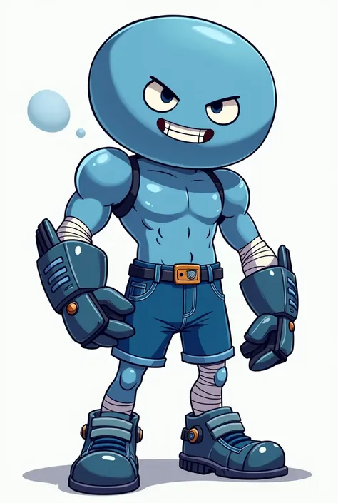 Draw a simple cartoon character with a large head and blue color. The character is wearing denim shorts. The right hand is wearing a gauntlet, and the left hand is wrapped in bandages. The character has a cool and tough expression on their face."






