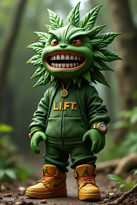 design a 3d character that is made out of backwood leafs stuffed with cannabis. the character smile glistens with diamond grilled teeth, rolex  on the hands and jordans on the feet. make l.i.f.t. visible on the hip hop clothing