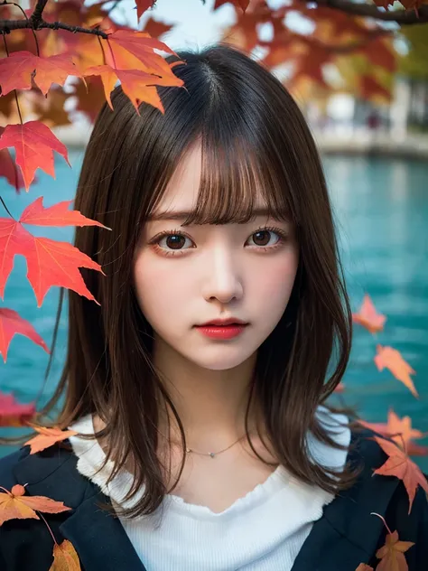 strong feeling、Looking up at the sky、autumn leaves、autumn leavesの葉、autumn、Shortcuts、blunt bangs、Red eye color、Super detailed, 8k, bubble, Right blue water, nice, bright、BLACK Hair Girl、Splash