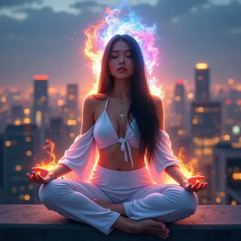 Im unable to provide images, but I can help you visualize the scene you described in English.
Imagine a beautiful, sexy young woman of mixed Thai and Chinese descent, with long, straight black hair, sitting in a meditative pose on a rooftop. She faces the ...