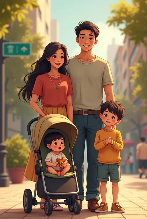 A Brazilian woman and a South Korean actor and a baby in a stroller and a seven-year-old 