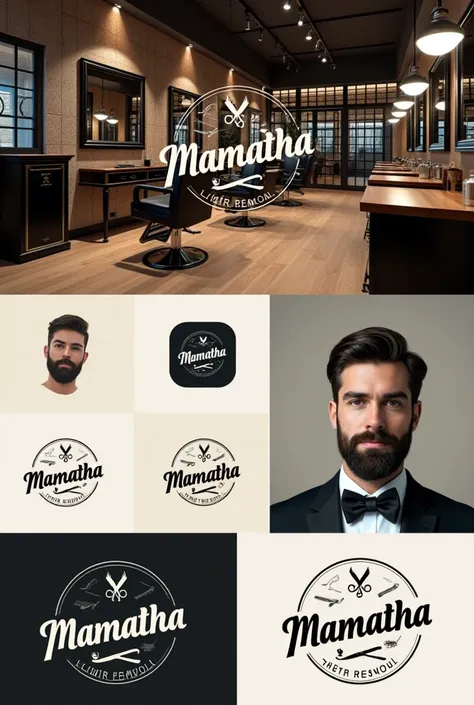 Create the design for a Men’s hair saloon named Mamatha by adding some elements like scissors,blades, and other elements related to men’s hair salons