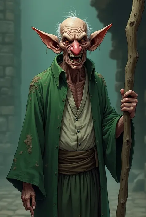 An old man in the anime style, a hideous looking magician with a big red nose, bald in the middle of his head with only hair on the sides left, an old green magicians outfit, holding a wooden staff, tall, skinny but with a hanging belly, dark skin, dirty b...