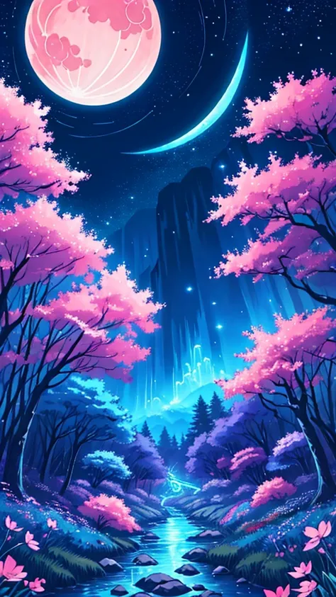 /imagine prompt: Viral anime nature wallpaper in 4K quality, in the style of digital illustration, depicting a magical forest at midnight with glowing flowers, and an ethereal moon casting a soft glow; cool and mystical color temperature, cosmos lighting w...