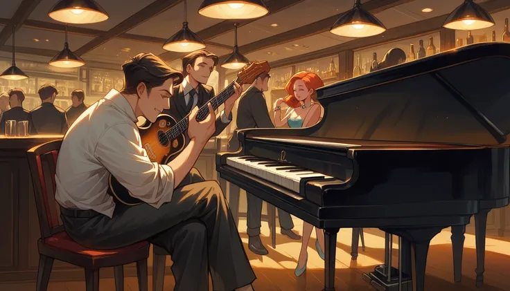 A woman is sitting at a piano in a bar, There is a man playing an acoustic guitar，film noir jazz bar, 1 9 3 0 S Jazz Club, 1 9 2 0&#39;s style speakeasy, Speakeasy bar background, inspired by Art Frahm, Wayne England, Realistic film noir, Cozy, dark 1920s ...