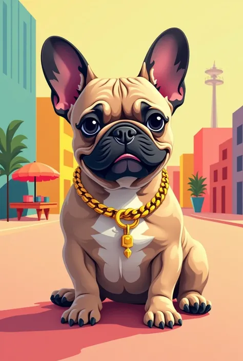 French bulldog with a gold chain around his neck,  illustration, vector, flat style, high quality, bright colors