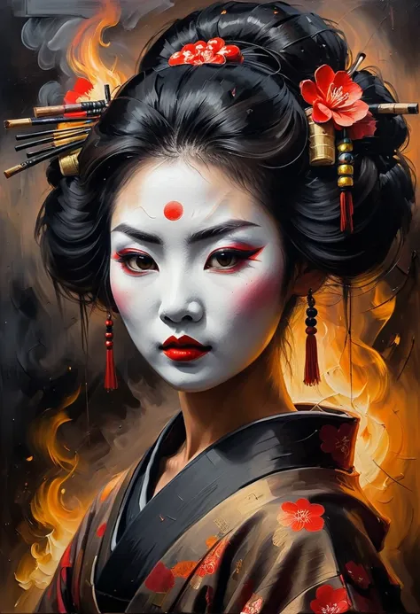 dark canvas dry oil painting, fire and smoke, geisha subtle creepy with dull eerie face, very realistic, thick brush stroke, tar...