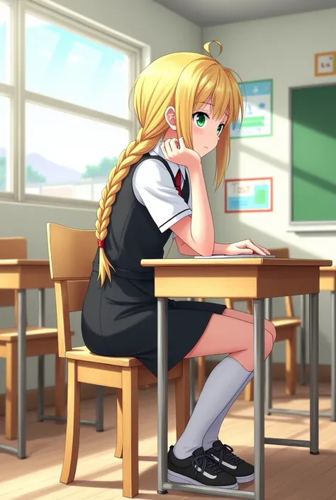 A blonde girl with a braided braid, green eyes, black uniform dress with white sleeves and black sneakers, sitting in the classroom chair