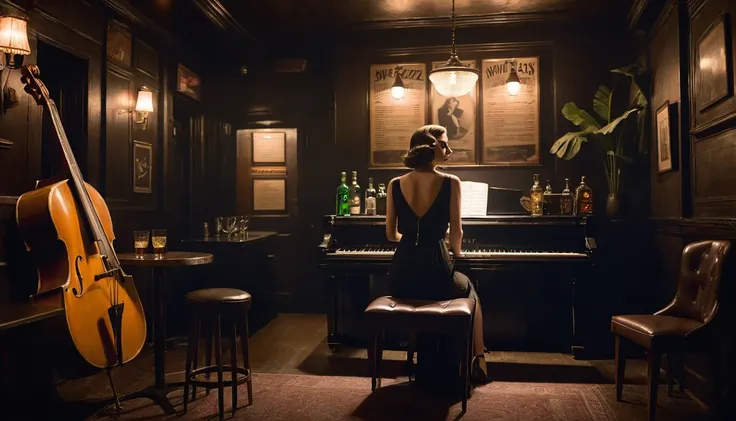 arafed woman in a black dress sitting at a piano in a dark room, film noir jazz bar, cozy dark 1920s speakeasy bar, 1 9 2 0s style speakeasy, speakeasy bar background, speakeasy, cinematic lighting + masterpiece, 1 9 3 0 s jazz club, stunning cinematograph...