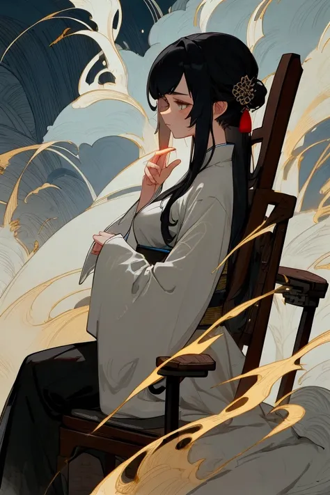 i want to create a female character, wearing ancient chinese clothing. she should be a cold beauty with black midnight hair and gorgeous hazel eyes. she should be sitting leisurely on an ancient chair in a lazy manner. there should be a curtains nearby and...