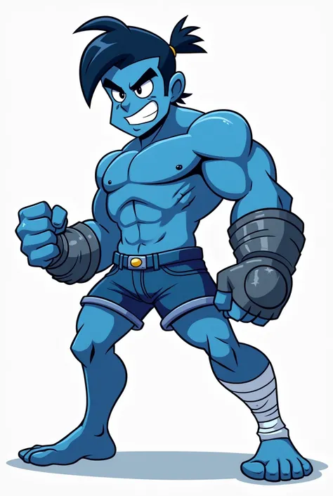 Draw a simple cartoon character with a large head and blue color. The character is wearing denim shorts. The right hand is wearing a gauntlet, and the left hand is wrapped in bandages. The character is punching forward with a cool and tough expression on t...