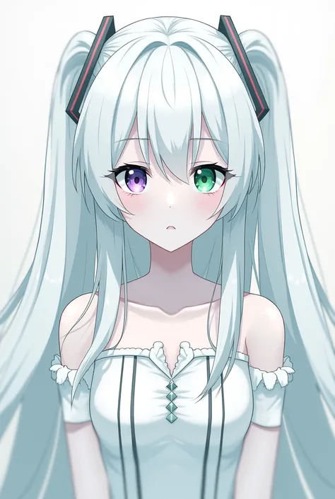 Hatsune Miku、Right eye is green、Left eye is purple、No light in my eyes、Long white hair、A white dress with vertical stripes and two hair ties、2D