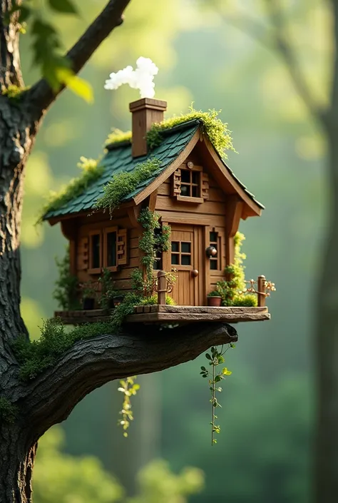 Une maison entièrement faite en bois minuscule qui pend sur une branche