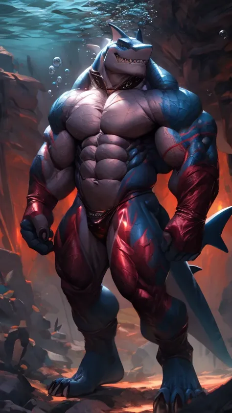 muscular buff tall humanoid shark, shirtless, red latex thong, red latex pasties, red latex long gloves, red latex stockings, dog collar,full body，a blue-gray skinned humanoid shark creature, highly detailed face and anatomy, piercing blue eyes, sharp teet...