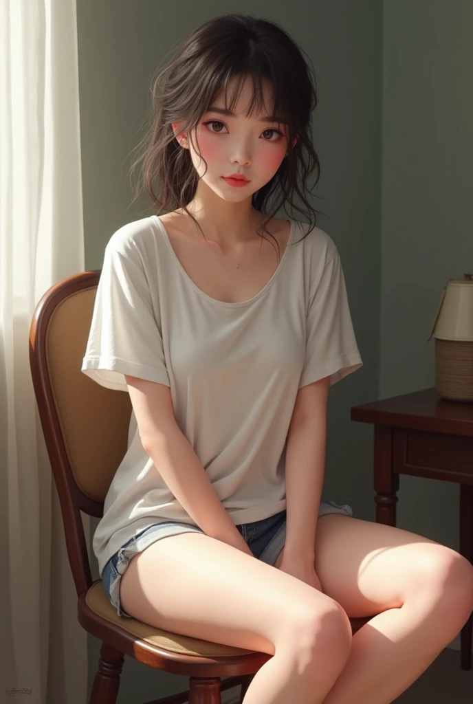 Create a picture of a  petite, fair-skinned Japanese girl wearing loose shorts, a loose, wide-necked T-shirt, and no bra, sitting on a chair, raising her right leg to her knee, bending down to reveal her chest.