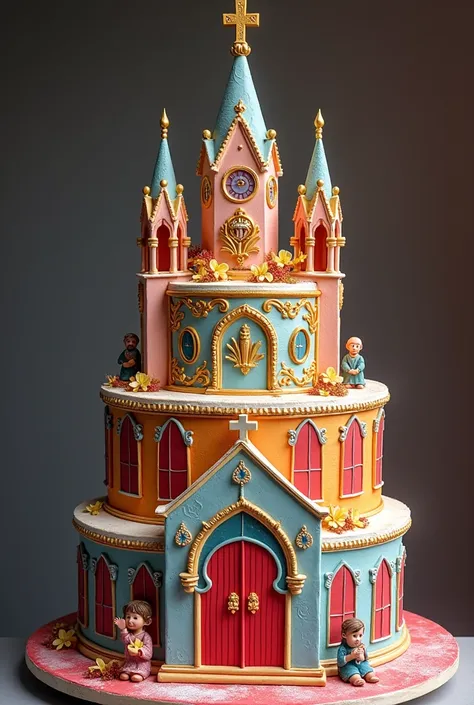 A church-style cake with bright colors and a banner that says Happy Birthday Pastor Belloso 