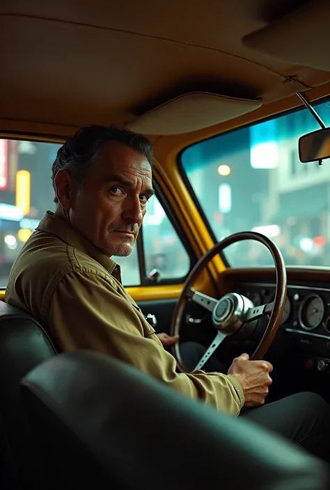 Create photorealistic image of robert de niro driving a taxi