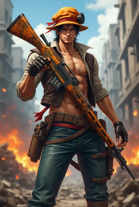 Portgas D Ace from one piece holding a akm with hellfire skin of pubg