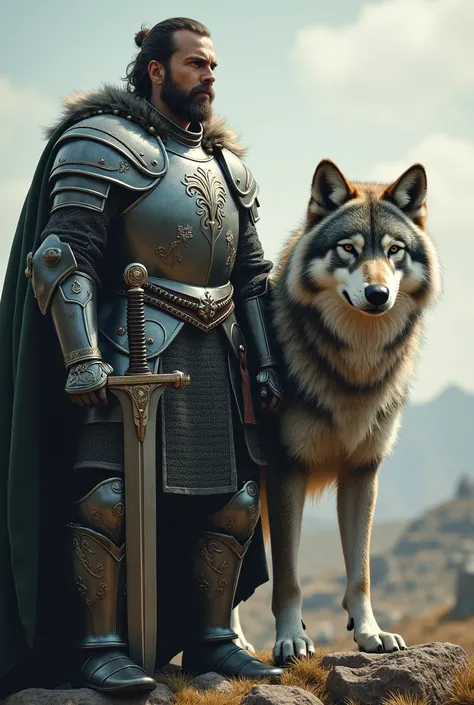 Knight in armor and a wolf sign with a large sword and shield symbol of the wolf  