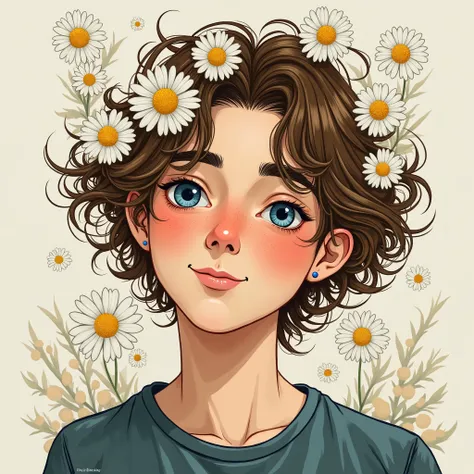 Create a self portrait in the foreground a man with brown curly hair . The man is 18 and has several daisies in his hair. You should only see his face and neck, he has blue eyes and is cheerful. He wears a pearl necklace around his neck. In the background ...