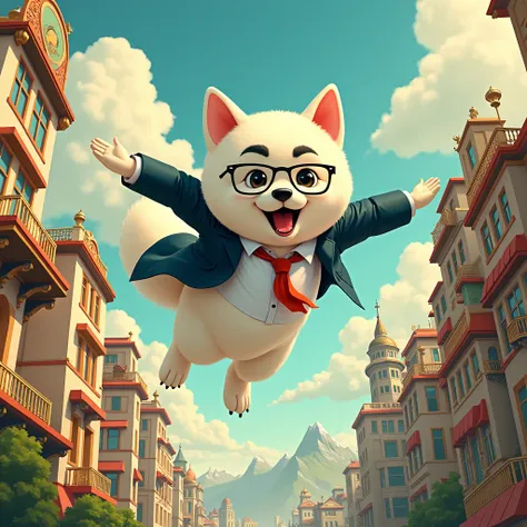 Mayushiba dog flying in the city skyline on a jet、Very fast speed、landscape、White Shiba Inu、Drawn eyebrows、Glasses、Wearing a suit、One hand outstretched、Jet spray on the soles of the feet、Town and mountains in the distance、Decorative art, Art Nouveau, Alpho...