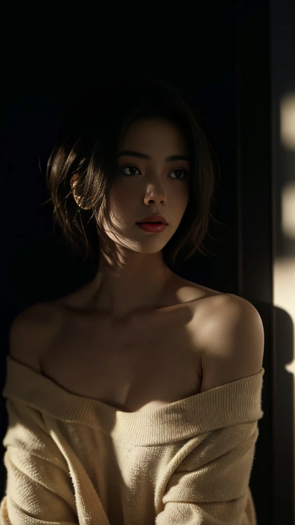 Best quality, masterpiece, Ultra-high resolution, (Reality:1.5), RAW photos, 1 Girl, Off-shoulder, In the Dark, Deep Shadows, Low profile, Cold Light, Sexy look, Short hair