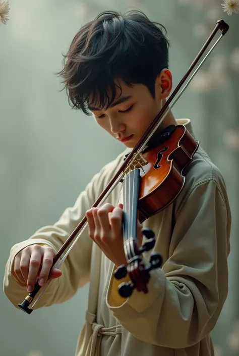 teenager man, Thin texture, white skin and chinese features.  playing the violin,