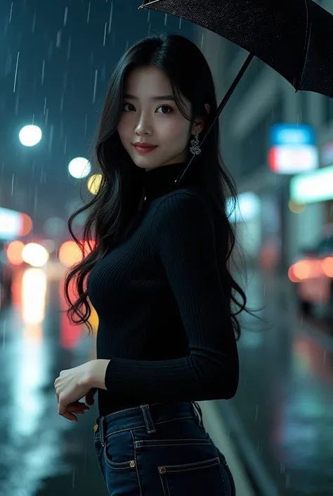 Professional photography, hyper-realistic, side-angle shot of a beautiful Korean woman with long black hair and an ideal body. She is wearing a black sweater, black jeans, and black high heels, standing upright while holding a black umbrella. The photograp...