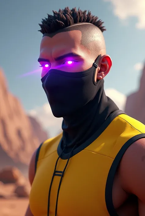 Free fire male character, CABELO KALAHARI,BLACK MASK, EYES WITH PURPLE RAYS, FROM THE ABDOMEN TO THE HEAD, YELLOW TEAM SLEEVELESS SHIRT