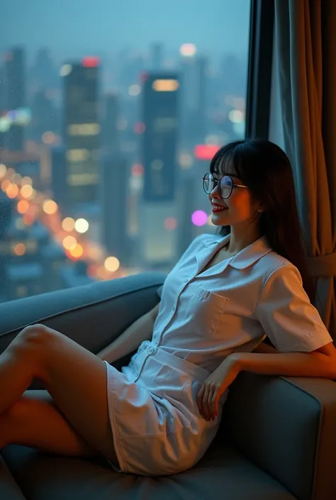 High-quality Realistic of  thai woman, Beautiful girl in nurse uniform on the sofa (((large breast , big breast , nsfw))) , Spread your legs wide., Big breasts, Cute sexy pose, In a small skyscraper bedroom at night, Mood lighting, Window overlooking the c...