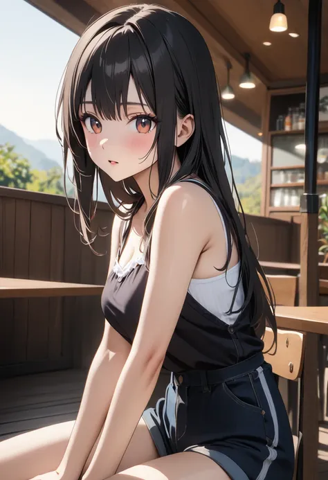 (Best Quality, 4K, 8k, High resolution, masterpiece:1.2), Very detailed, Picturesque, Animation Photos, Photo Animation:1.37)、Cafe、Beautiful Japanese Women、Black Hair、Long Hair、straight hair、middle part、Black camisole、Navy blue shorts with white trim