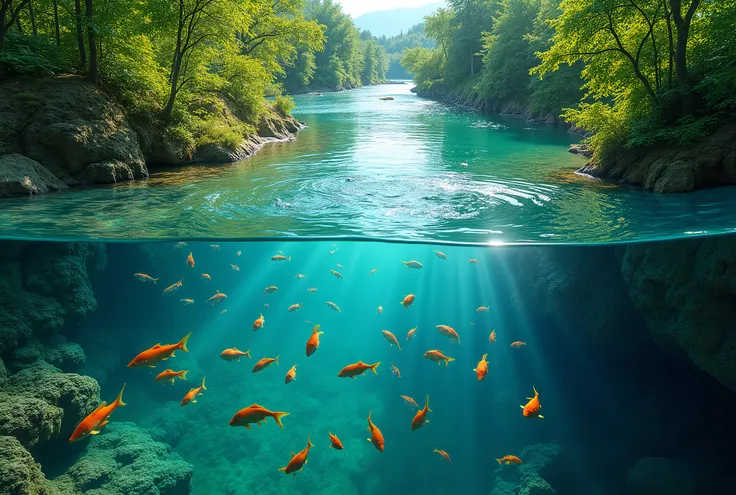 river and nature from above, fish in the river from below, side perspective view, hyperrealism, realistic photo, bright colorful photo, summer atmosphere