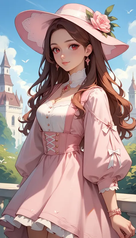 Izayoi Seishin artstyle, (score_9, score_8_up, score_7_up), (best quality, masterpiece),perfect anatomy,(aesthetic,very aesthetic),official style, (ultra-high resolution), 1girl, long brown hair, light pink outfit, wide brimmed pink hat, red eyes, white so...