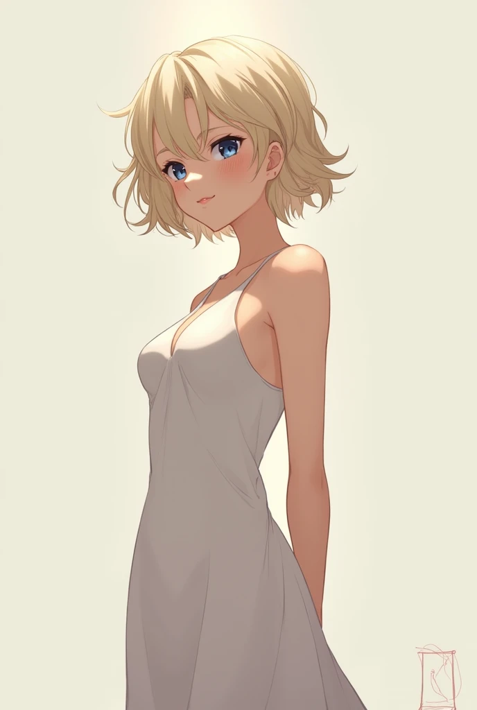 1girl, sleeveless dress, cleavage, (from below), arms behind back, kohaku, blonde hair, blue eyes, small breasts, solo, wide hips, standing, simple background