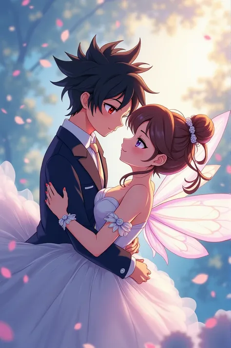 Anime boy ((( Spiky hair , black hair , black outfit , red eyes , narrowed eye , handsome , fairy ))) , anime girl , purple eyes , brown hair , tied single bun hair style , yellow outfit , fairy ))) , matured , dressed up as fairies , good quality , master...