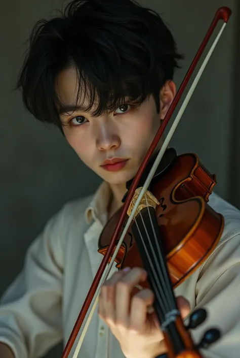 teenager man, Thin texture, white skin and asian features.  playing the violin and having the lighting from the front