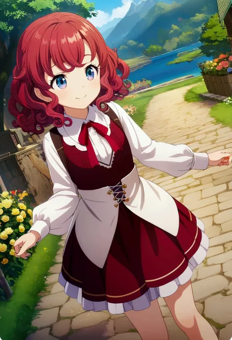 1kid, girl, red curly hair, cute, blue eyes, cute clothes, cute smile, CG, screenshot, 12years