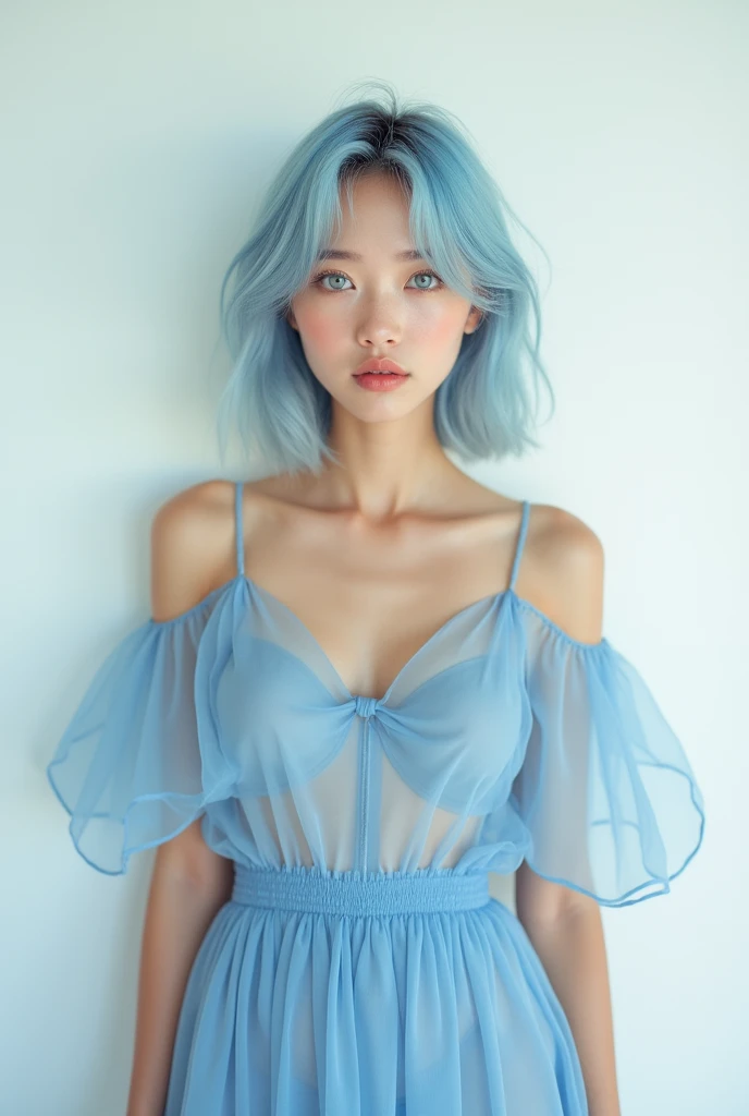 Very detailed, Very realistic, Hyperrealism, Ultra-realistic, Best Quality,(masterpiece,Soft lighting, Stylish eyes with attention to detail: 1.2),, (cute),sleeveless,A sheer off-the-shoulder blue summer dress,Standing facing forward in front of a white ba...