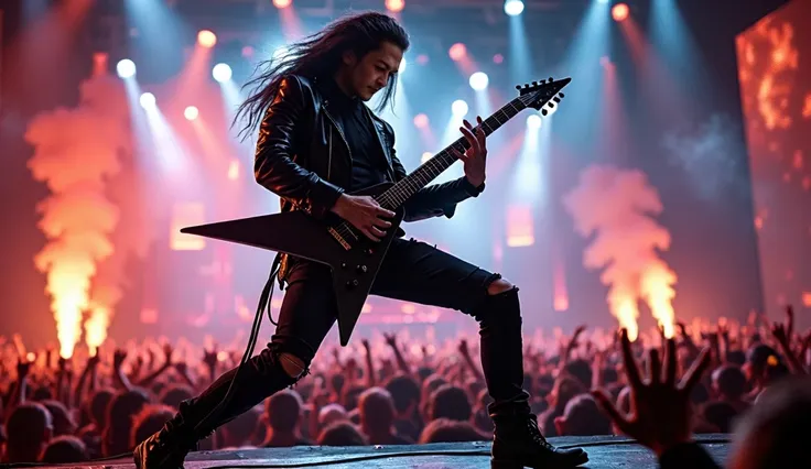 A heavy metal guitarist with long dark hair, wearing a black leather jacket and ripped jeans, passionately playing an electric guitar on a large stage. The scene is set at night with intense spotlights, colorful stage lighting, smoke effects, and a cheerin...