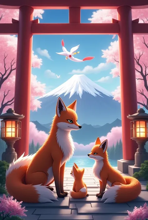 Trois renards à neuf queues, a male with a protective air, a female protecting a male baby nine-tailed fox, in front of a torii gate its lanterns and a cherry blossom tree with Mount Fuji and the bird Pokémon Ho-Oh in the background 