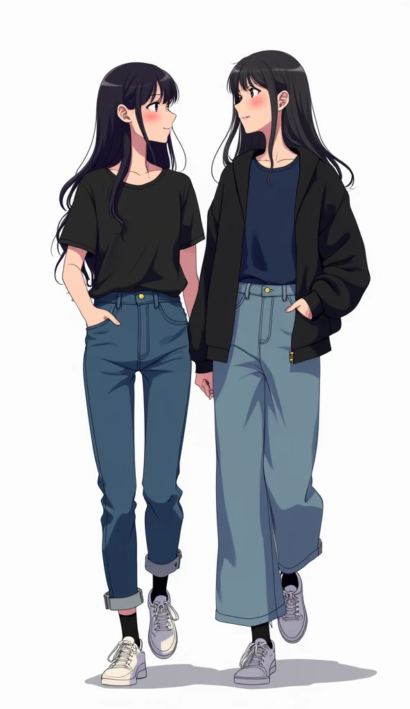 Two young womens, same tall height, yuri, lesbian.

The first young women long black hair wear a a black round neck shirt, long jeans pants, black socks, white nike sneakers, tuck the black round neck shirt into long jeans pants.

The second young women lo...