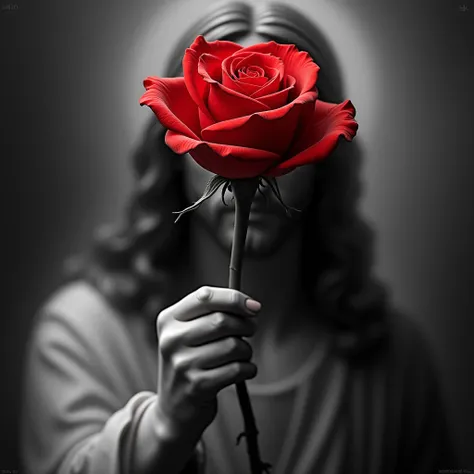 image of a smaller red rose, 4k resolution, bright colors, with transparent image with image of Jesus on the side with a red rose in his hand black and white in the background of the entire image