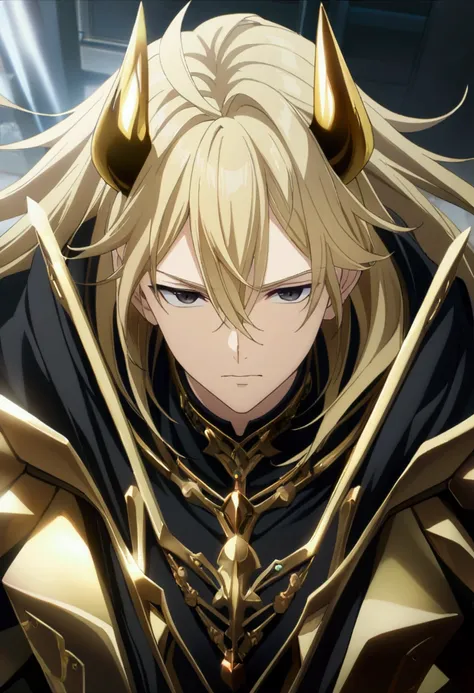 1boy,male,long gold hair,black eyes with gold irisboy,white horns, CG, screenshot