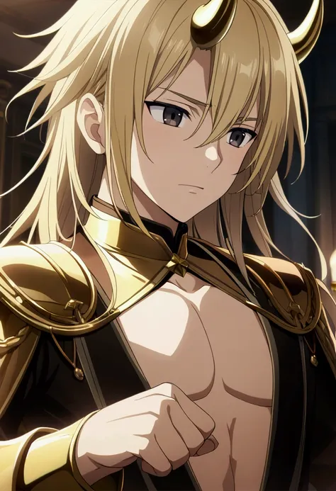 1boy,male,long gold hair,black eyes with gold irisboy,white horns, CG, screenshot