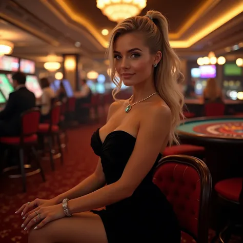 A beautiful blonde woman is smiling, ponytail hair, wearing a sexy black dress, and black heels ,she is at the casino, sexy pose.