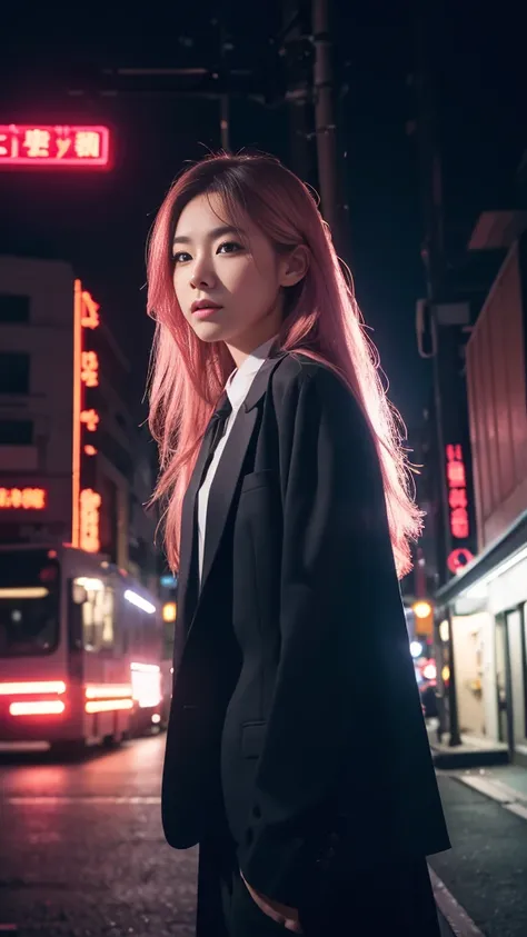 1 Girl, Pink long hair, Red Corner, White collar shirt, Black tie, A faint smile, Eyes, Burning with desire_strength,, architecture,shop,Town Street, Dark Sky, landscape,Neon,of the night city, Japanese lyrics,, , absurd, 细致Eyes, Extremely detailed, Volume...